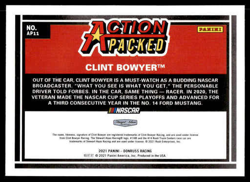 Clint Bowyer 2021 Panini Donruss Racing Action Packed Back of Card