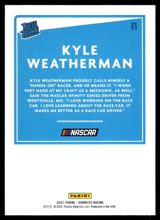 Kyle Weatherman 2021 Panini Donruss Racing Rated Rookie Back of Card