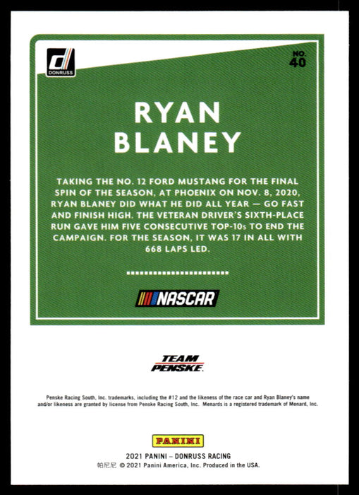 Ryan Blaney 2021 Panini Donruss Racing Base Back of Card