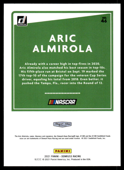 Aric Almirola 2021 Panini Donruss Racing Base Back of Card