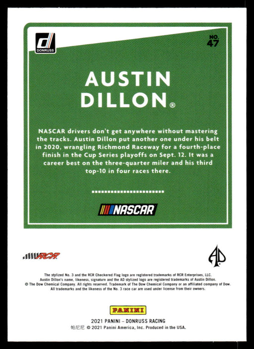 Austin Dillon 2021 Panini Donruss Racing Base Back of Card