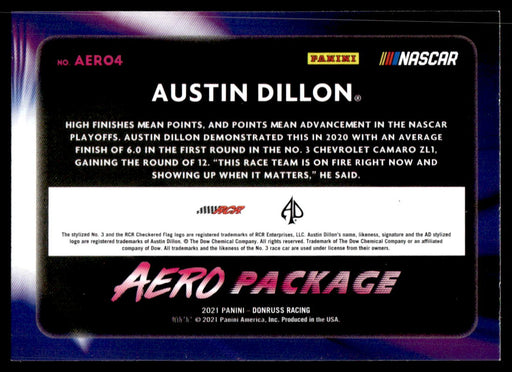 Austin Dillon 2021 Panini Donruss Racing Aero Package Back of Card