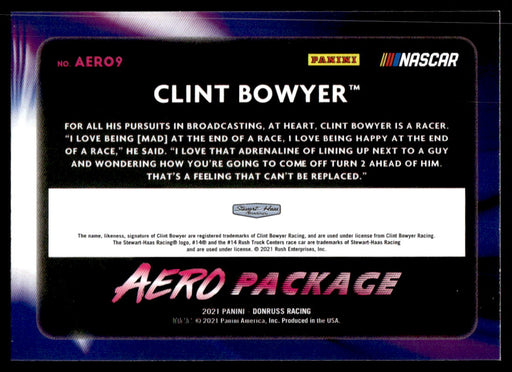 Clint Bowyer 2021 Panini Donruss Racing Aero Package Back of Card