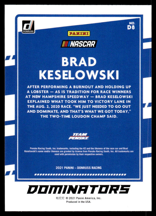 Brad Keselowski 2021 Panini Donruss Racing Dominators Back of Card