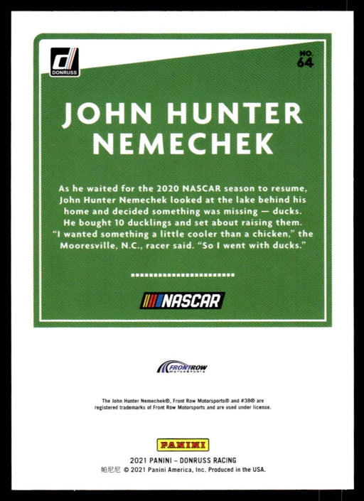 John Hunter Nemechek 2021 Panini Donruss Racing Base Back of Card