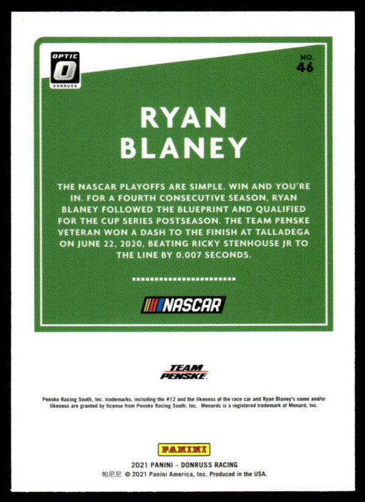 Ryan Blaney 2021 Panini Donruss Racing Optic Back of Card