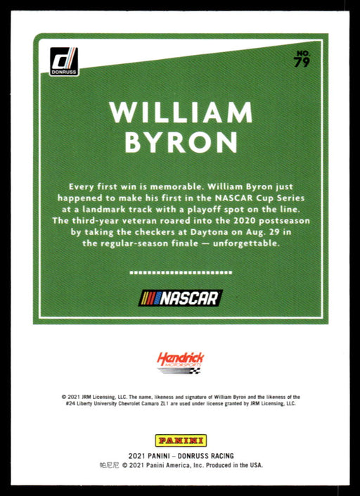 William Byron 2021 Panini Donruss Racing Base Back of Card