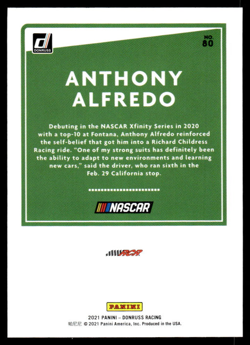 Anthony Alfredo 2021 Panini Donruss Racing Base Back of Card