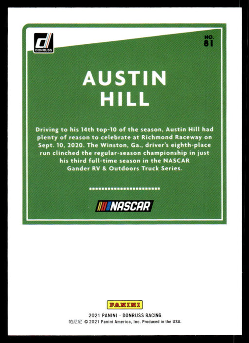 Austin Hill 2021 Panini Donruss Racing Base Back of Card