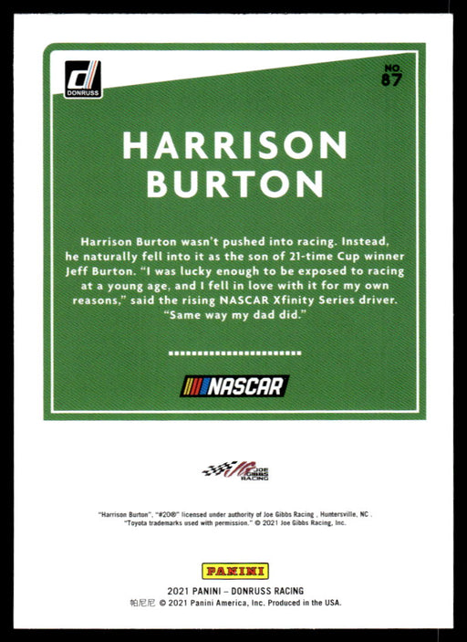 Harrison Burton 2021 Panini Donruss Racing Base Back of Card