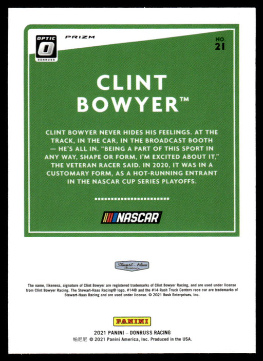 Clint Bowyer 2021 Panini Donruss Racing Optic Holo Back of Card