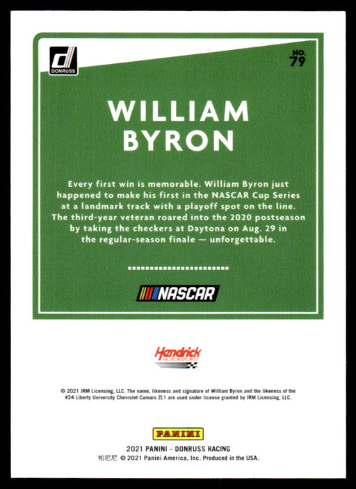 William Byron 2021 Panini Donruss Racing Purple Back of Card