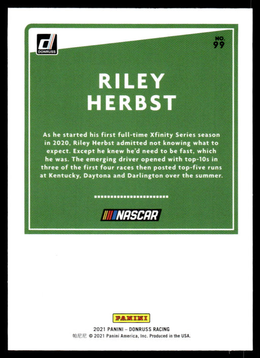 Riley Herbst 2021 Panini Donruss Racing Base Back of Card