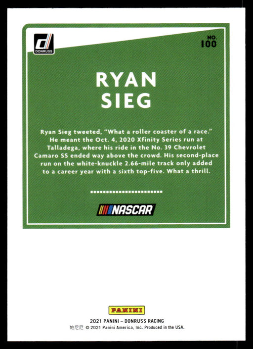 Ryan Sieg 2021 Panini Donruss Racing Base Back of Card