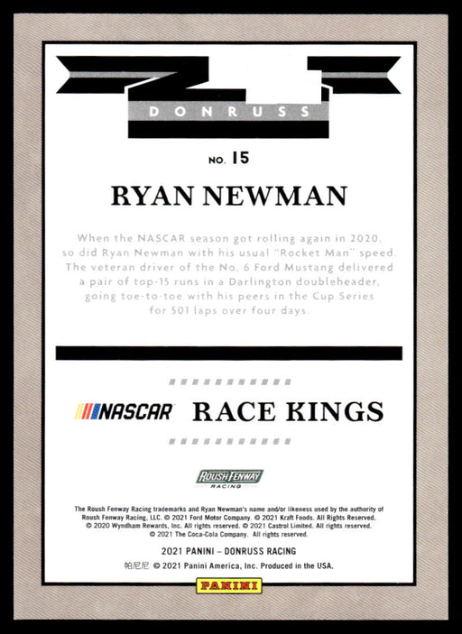 Ryan Newman 2021 Panini Donruss Racing Blue Back of Card