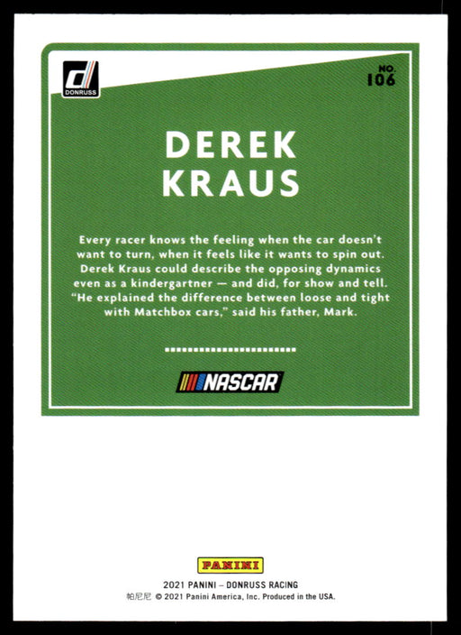 Derek Kraus 2021 Panini Donruss Racing Base Back of Card