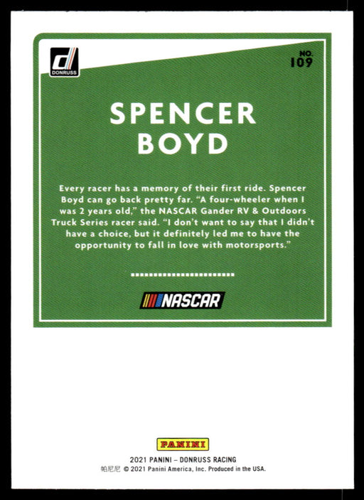 Spencer Boyd 2021 Panini Donruss Racing Base Back of Card