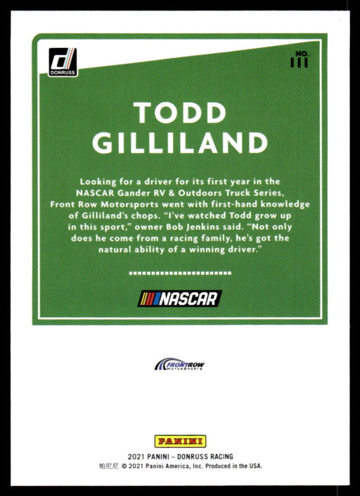 Todd Gilliland 2021 Panini Donruss Racing Base Back of Card