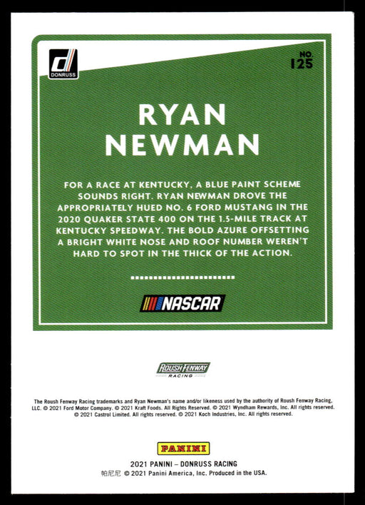 Ryan Newman 2021 Panini Donruss Racing Base Back of Card