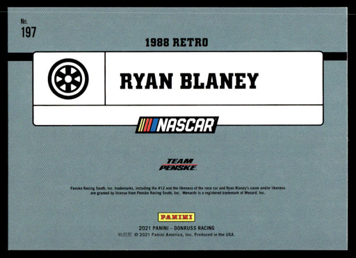 Ryan Blaney 2021 Panini Donruss Racing Base Back of Card