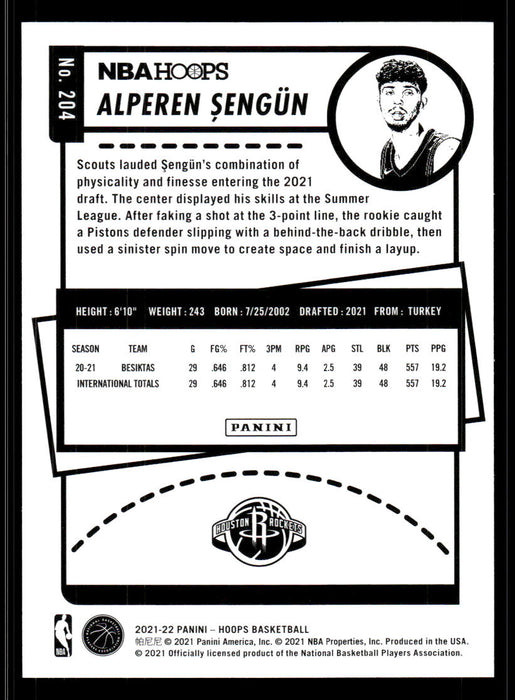 Alperen Sengun 2021 Panini NBA Hoops Base Back of Card