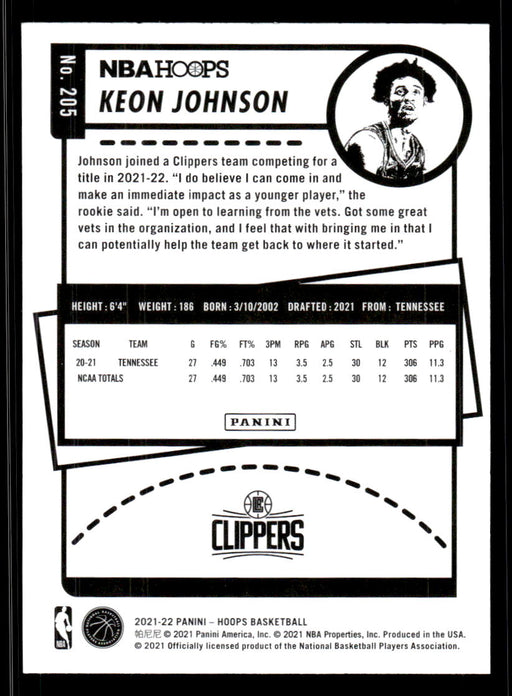 Keon Johnson 2021 Panini NBA Hoops Base Back of Card