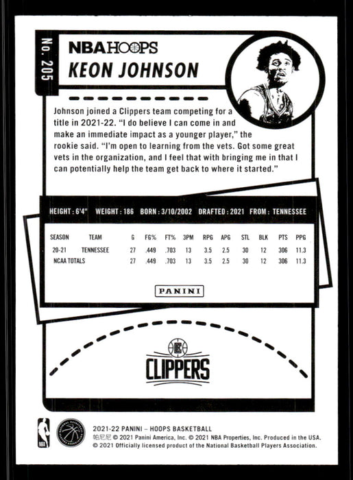 Keon Johnson 2021 Panini NBA Hoops Base Back of Card