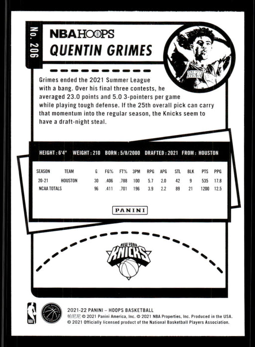 Quentin Grimes 2021 Panini NBA Hoops Base Back of Card