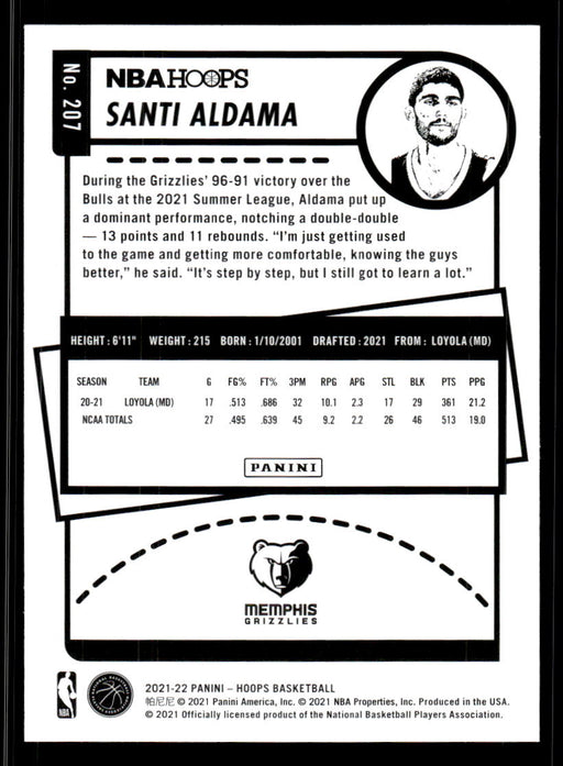 Santi Aldama 2021 Panini NBA Hoops Base Back of Card