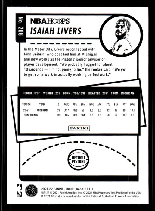 Isaiah Livers 2021 Panini NBA Hoops Base Back of Card