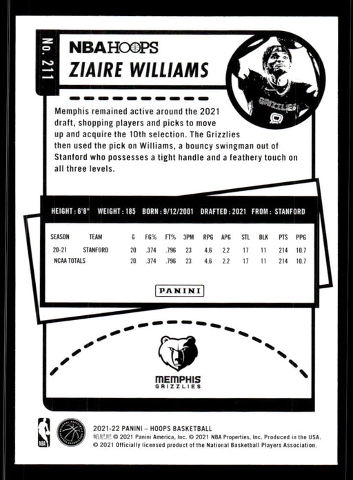 Ziaire Williams 2021 Panini NBA Hoops Base Back of Card