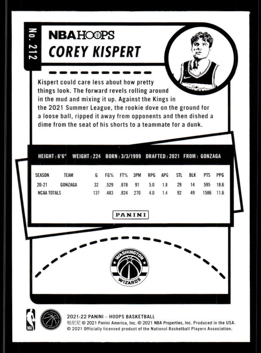 Corey Kispert 2021 Panini NBA Hoops Base Back of Card