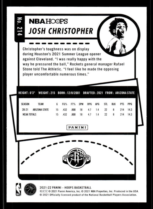 Josh Christopher 2021 Panini NBA Hoops Base Back of Card