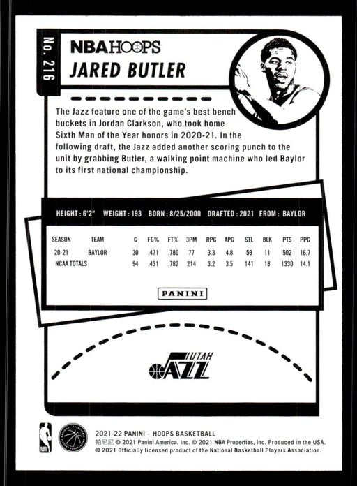 Jared Butler 2021 Panini NBA Hoops Base Back of Card