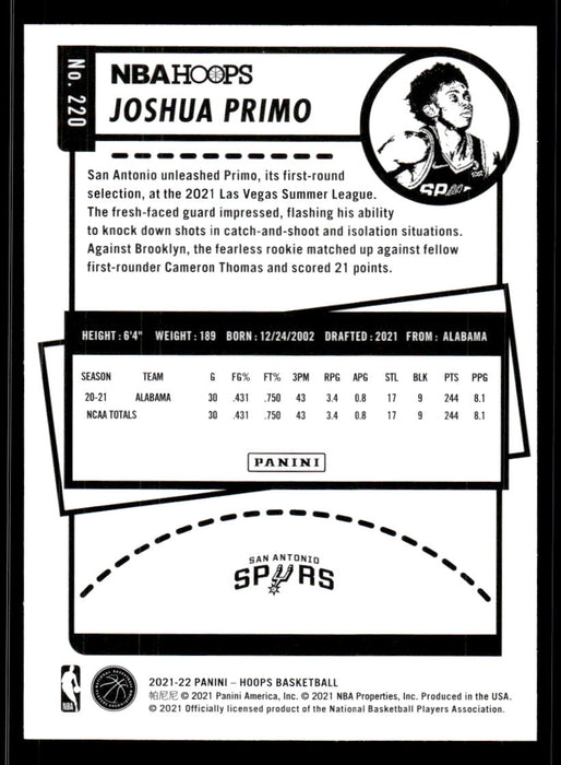 Joshua Primo 2021 Panini NBA Hoops Base Back of Card