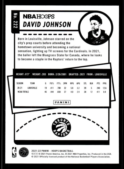 David Johnson 2021 Panini NBA Hoops Base Back of Card