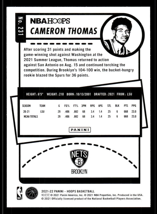 Cameron Thomas 2021 Panini NBA Hoops Base Back of Card