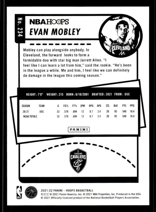 Evan Mobley 2021 Panini NBA Hoops Base Back of Card