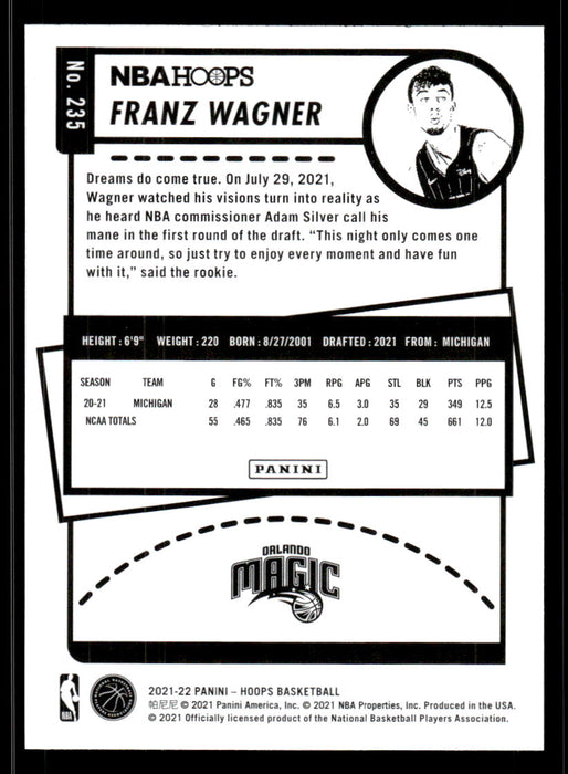 Franz Wagner 2021 Panini NBA Hoops Base Back of Card