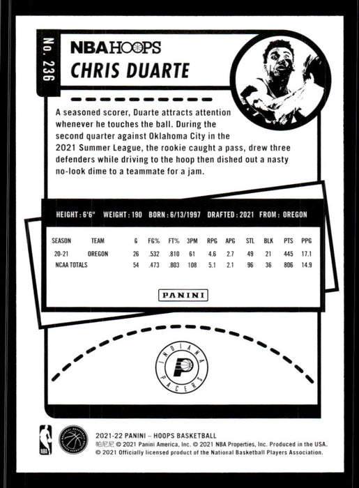 Chris Duarte 2021 Panini NBA Hoops Base Back of Card