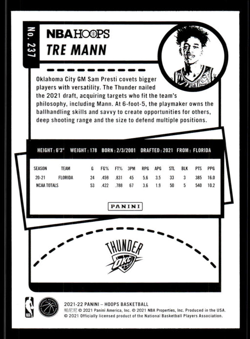 Tre Mann 2021 Panini NBA Hoops Base Back of Card