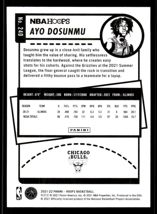 Ayo Dosunmu 2021 Panini NBA Hoops Base Back of Card