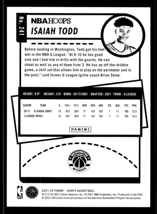 Isaiah Todd 2021 Panini NBA Hoops Base Back of Card