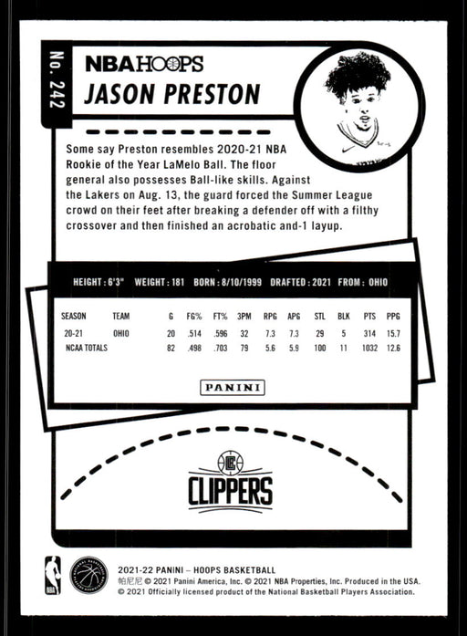 Jason Preston 2021 Panini NBA Hoops Base Back of Card