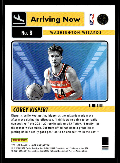 Corey Kispert 2021 Panini NBA Hoops Arriving Now Back of Card