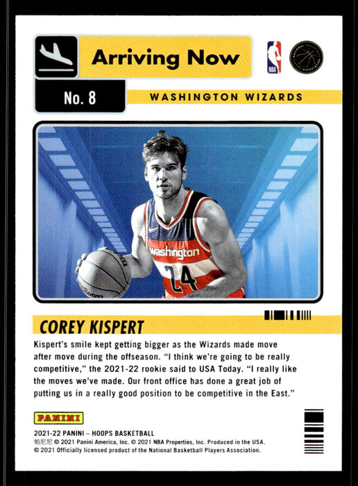 Corey Kispert 2021 Panini NBA Hoops Arriving Now Back of Card