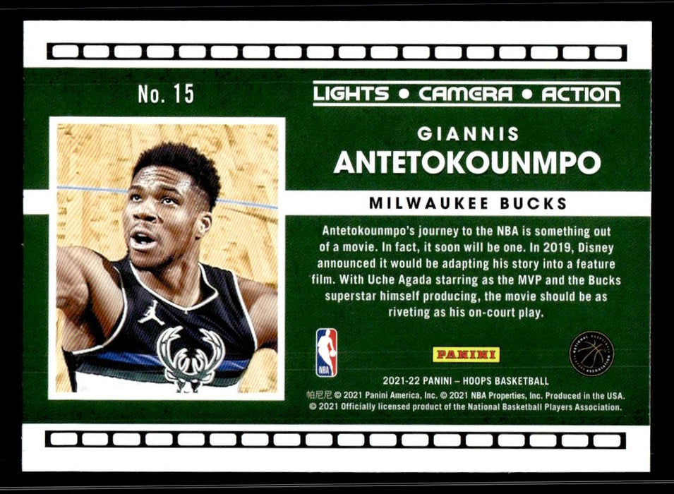 Giannis Antetokounmpo 2021 Panini NBA Hoops Lights Camera Action Back of Card