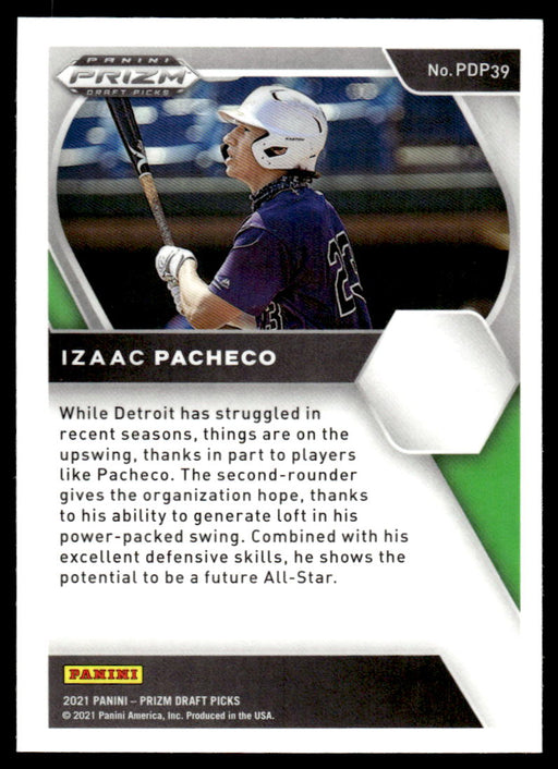 Izaac Pacheco 2021 Panini Prizm Draft Picks Baseball Base Back of Card