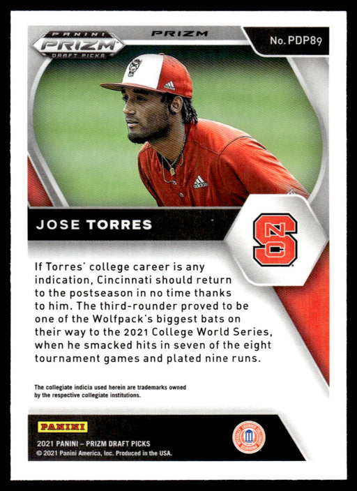 Jose Torres 2021 Panini Prizm Draft Picks Baseball Silver Prizm Back of Card