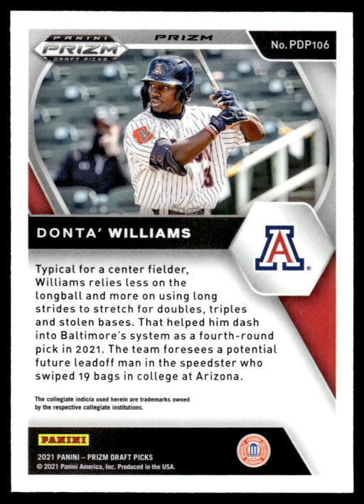 Donta Williams 2021 Panini Prizm Draft Picks Baseball Blue Wave Back of Card
